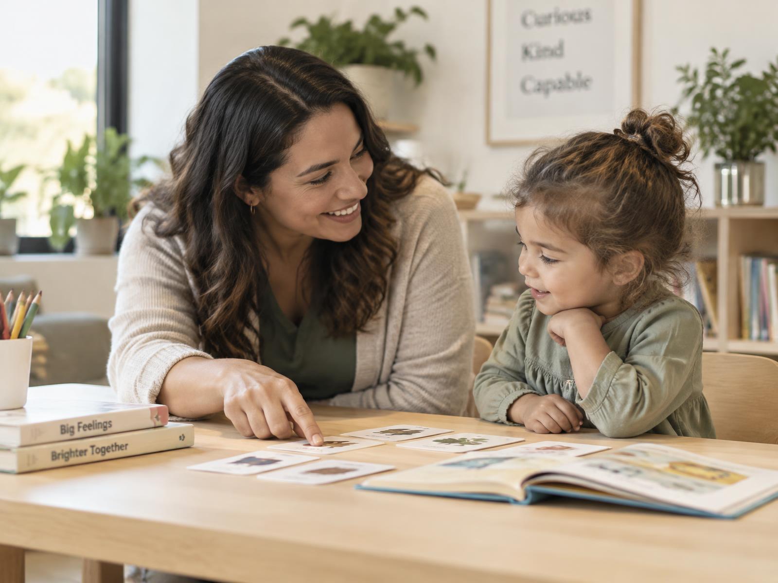 Educator and young child connecting over picture cards during a learning session